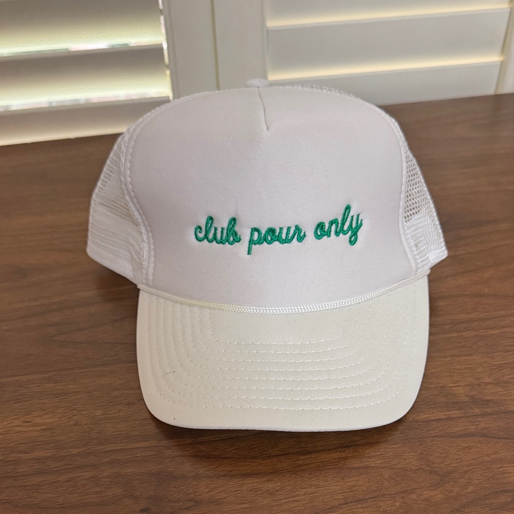 White Trucker Hat with Green Embroidery “Club Pour Only”